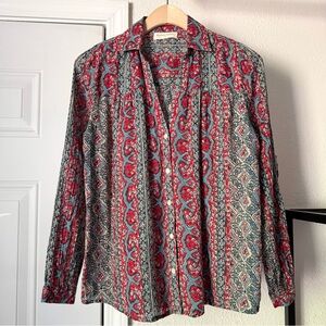 MAISON HOTEL blue red printed cotton long sleeve button up shirt blouse top